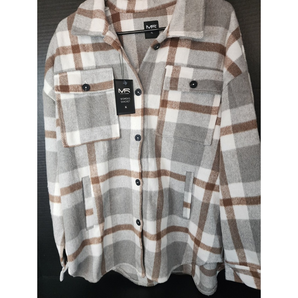 Mack Russo Womens Plaid Shacket Grey Brown White Button Up Jacket XL 5IT26API